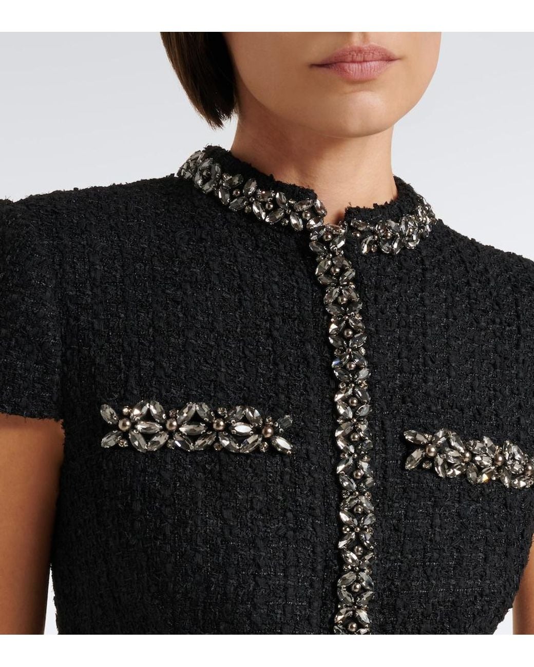 Self-Portrait Black Belted Embellished Boucle And Satin Midi Dress
