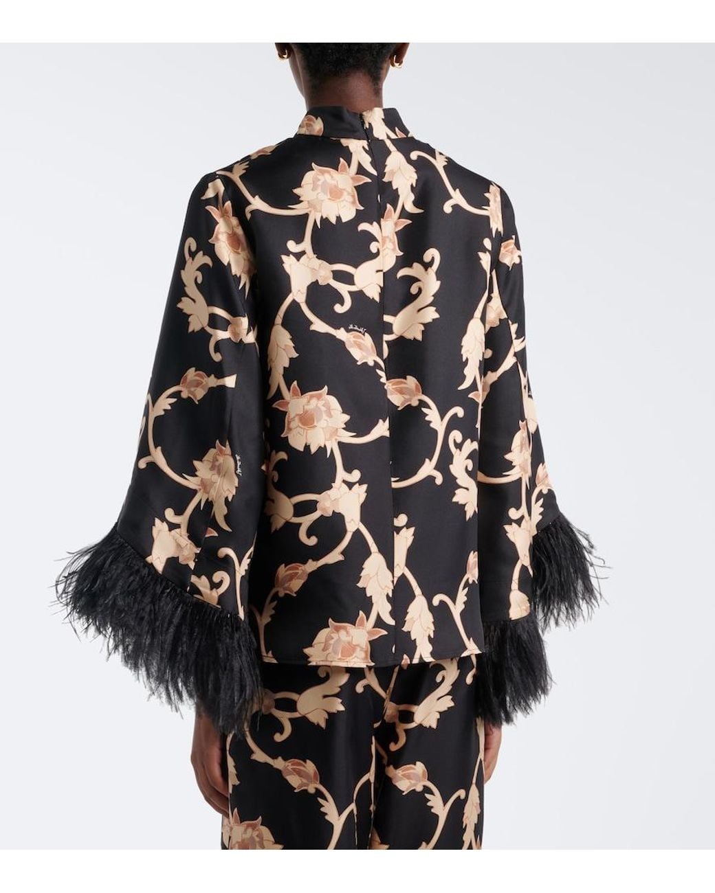 LaDoubleJ Black Buttercup Feather-Trimmed Silk Blouse