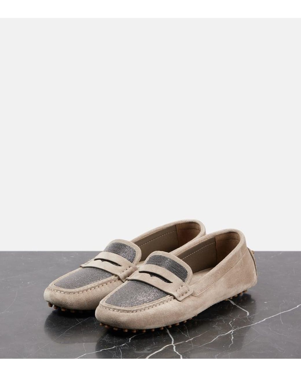 Brunello Cucinelli Natural Bead-Embellished Suede Loafers