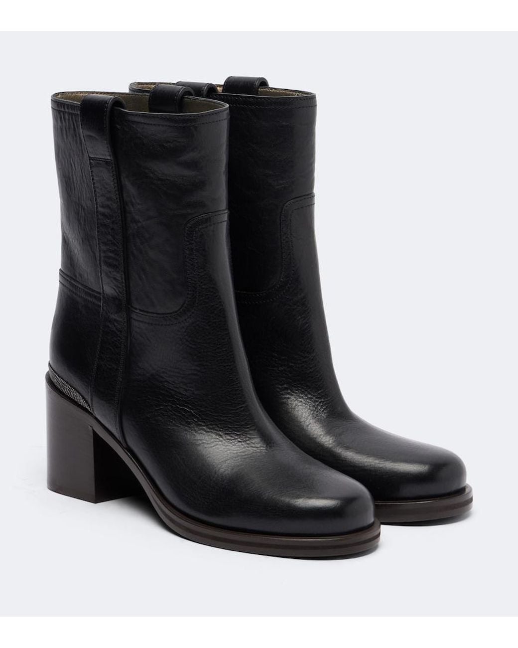 Brunello Cucinelli Black Monili Leather Ankle Boots