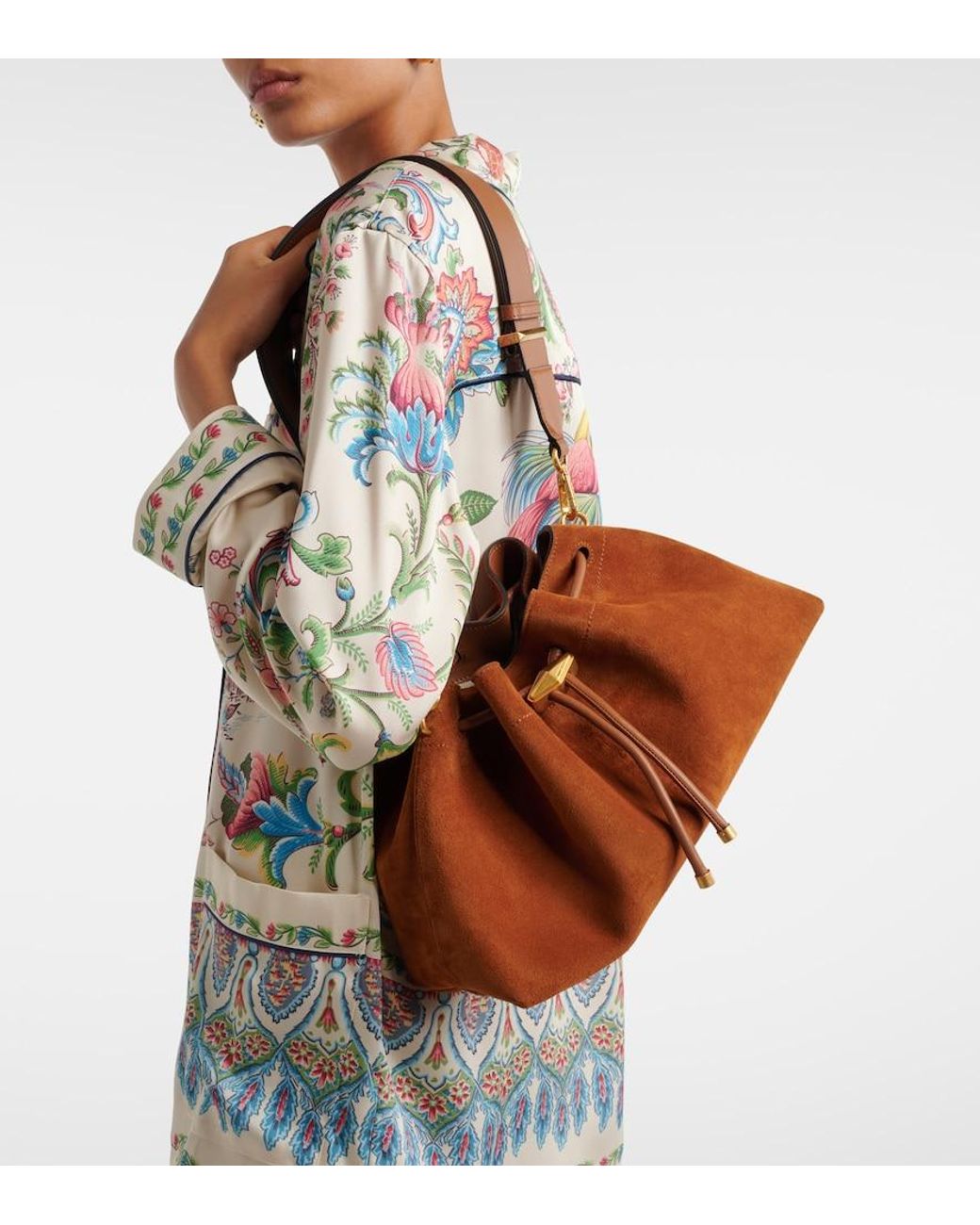 Jimmy Choo Brown Cinch Medium Beaded Suede Bucket Bag