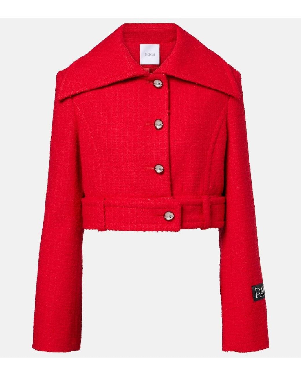 Patou Red Cropped Wool-Blend Tweed Jacket