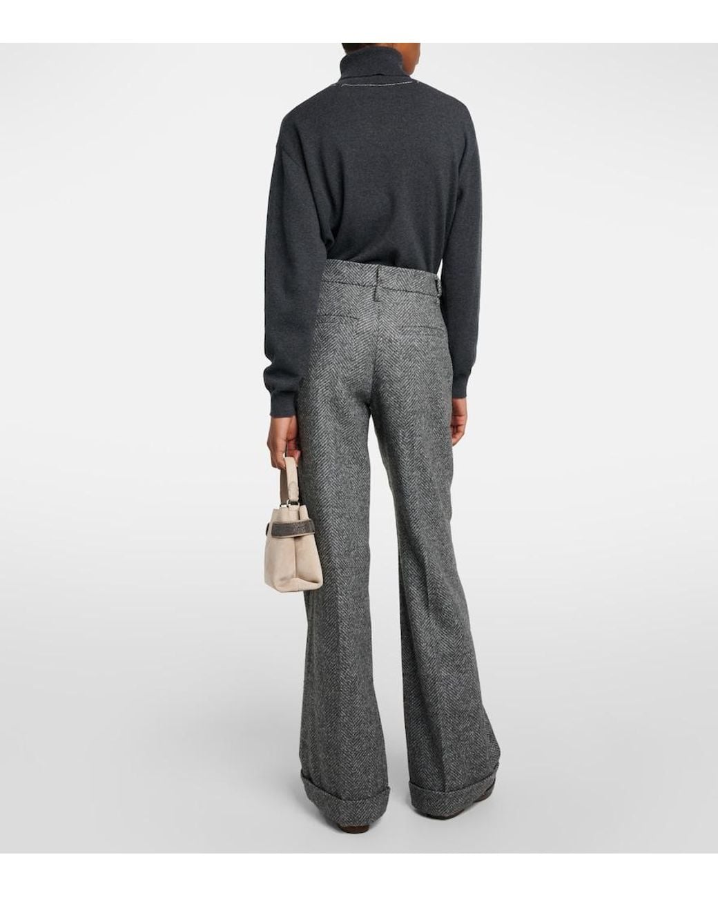 Brunello Cucinelli Gray Herringbone Wool-Blend Flared Pants