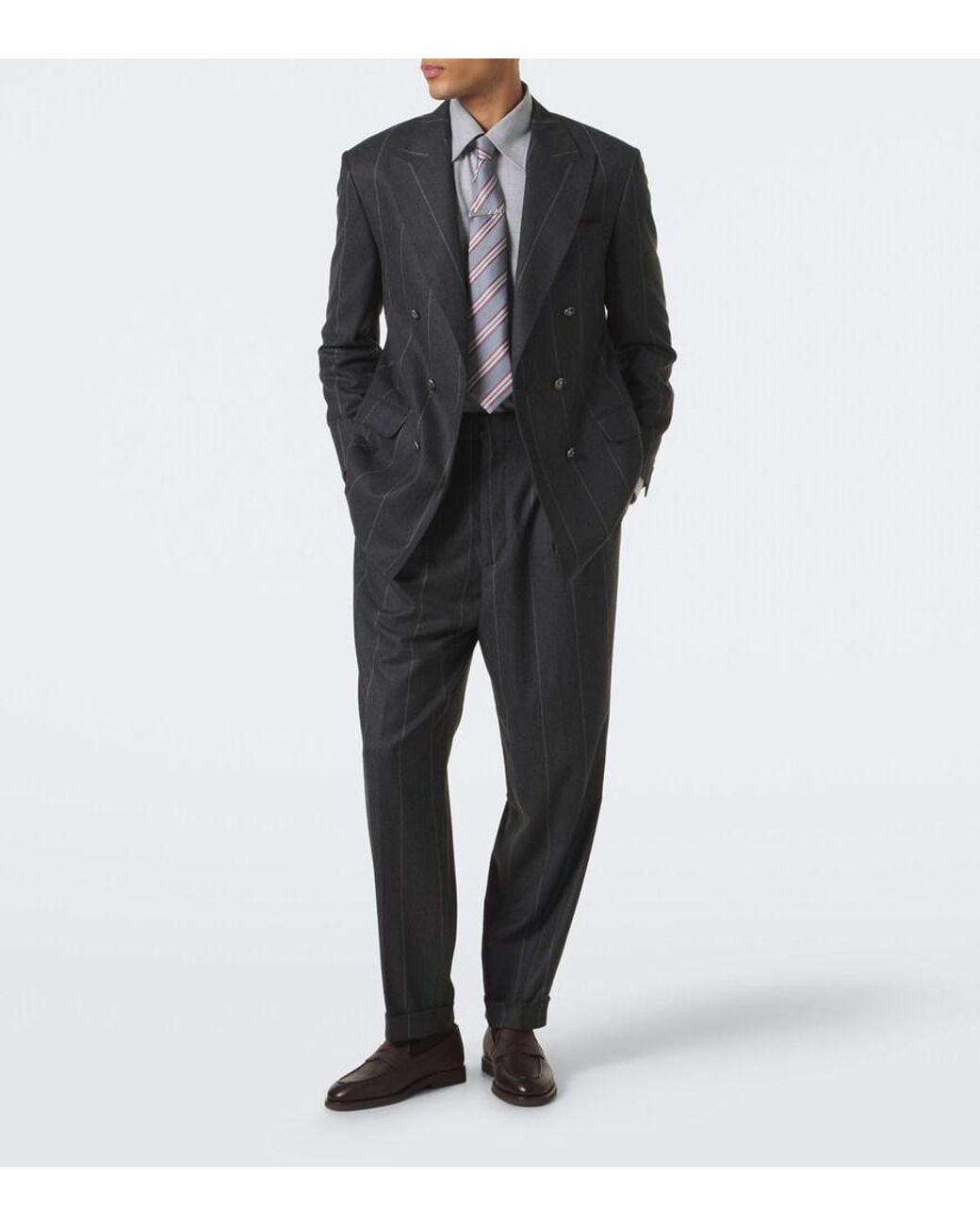 Brunello Cucinelli Black Chalk Stripe Wool, Silk, And Cashmere Suit for men