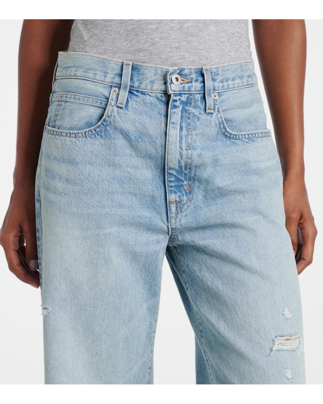 SLVRLAKE Denim Blue Nico Distressed Mid-Rise Wide-Leg Jeans