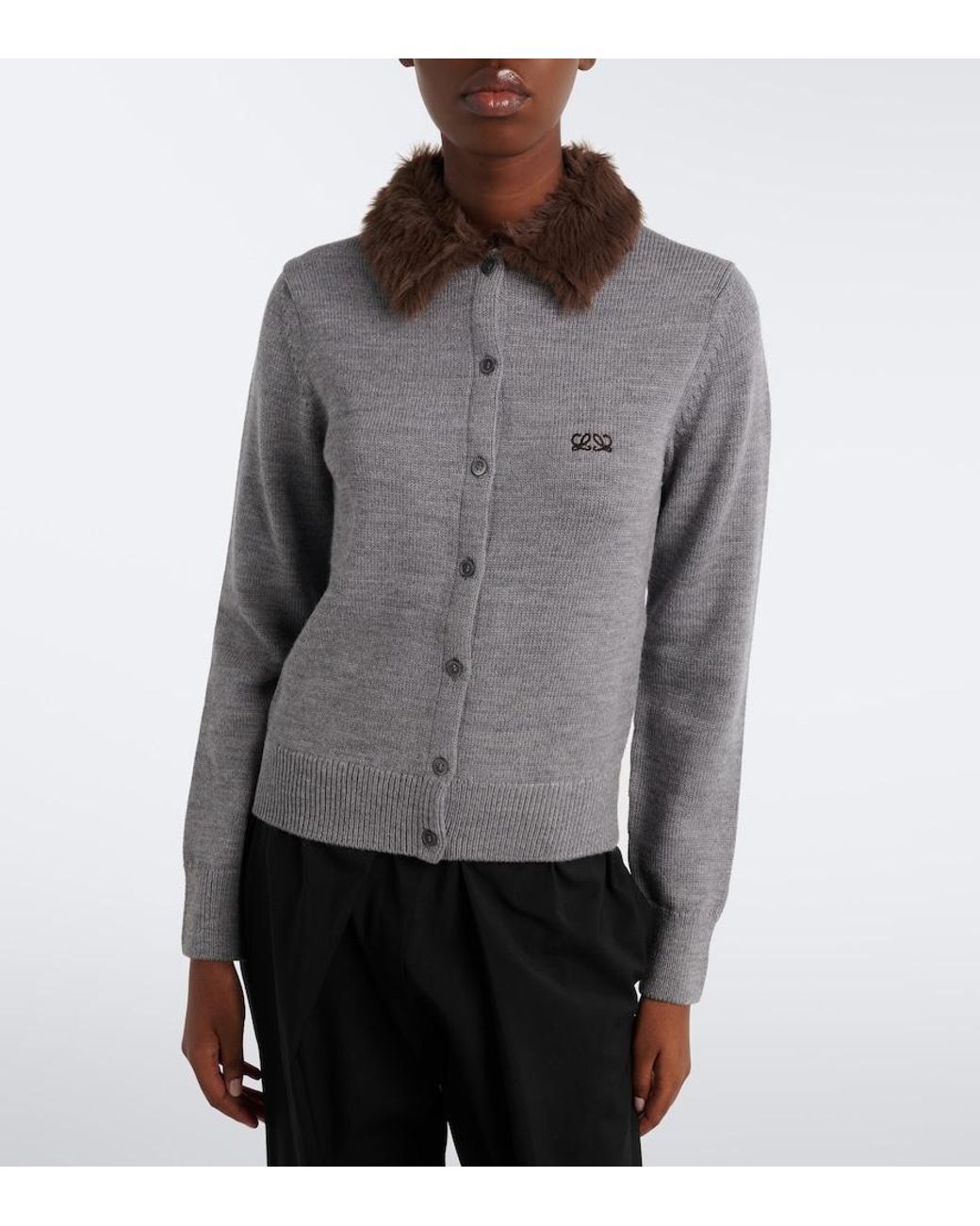 Loewe Gray Double L Ribbed-Knit Wool Cardigan
