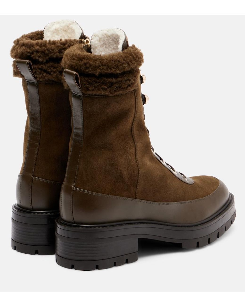 Aquazzura Brown Very Cortina Shearling-Trimmed Suede Lace-Up Boots