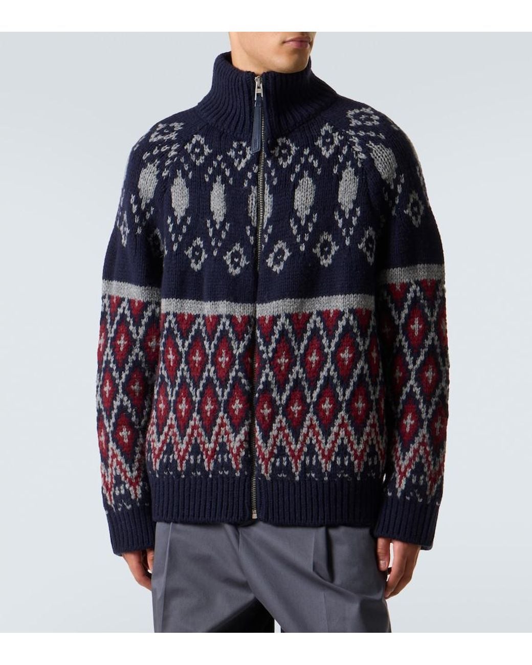 Loewe Blue Wool Jacquard Zip-Up Sweater for men