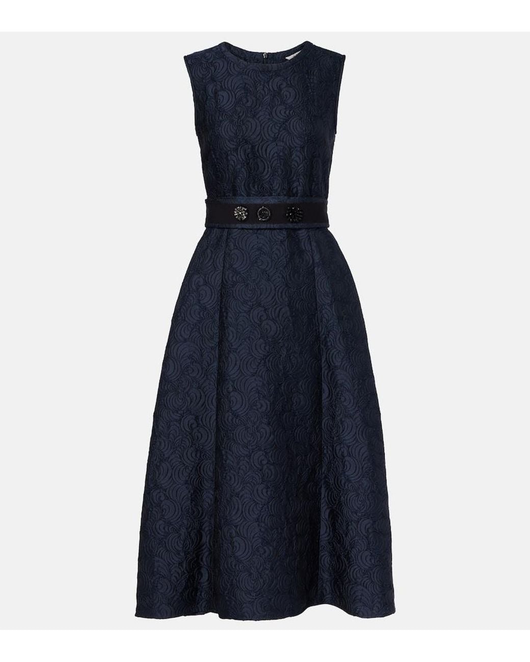 Max Mara Blue Belted Jacquard Midi Dress