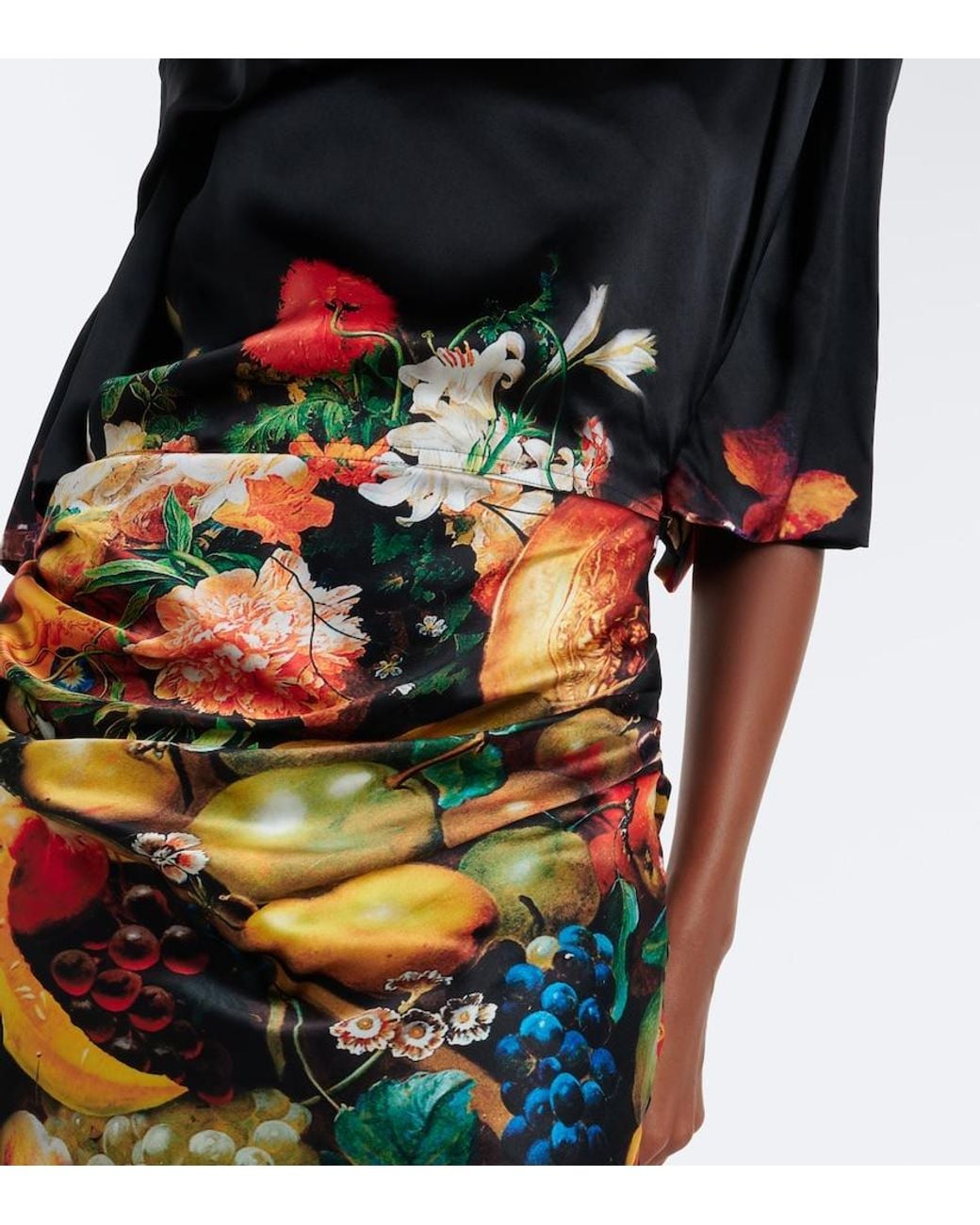 Dries Van Noten Black Draped Printed Silk Satin Gown