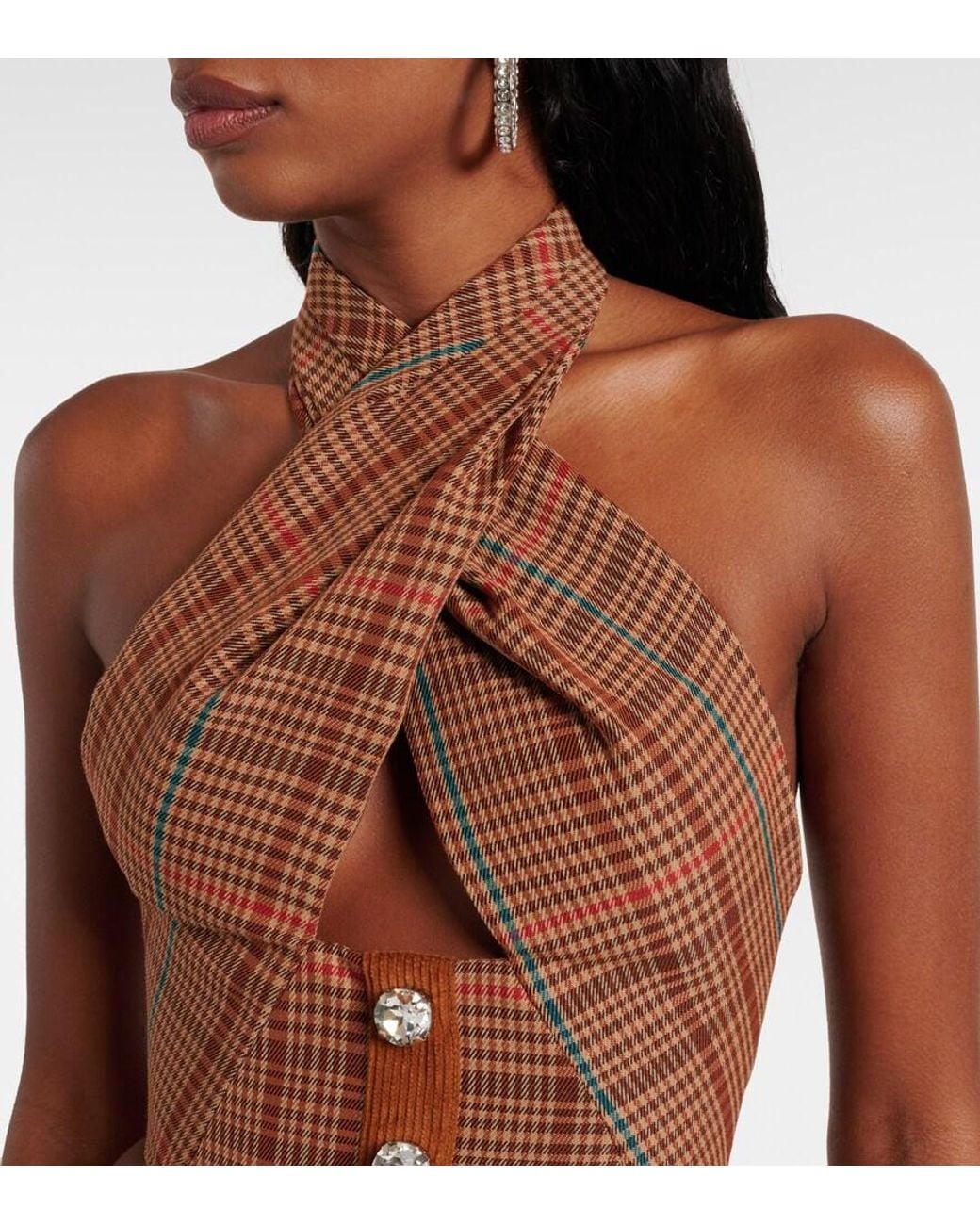 Area Brown Checked Halterneck Wool-Blend Top