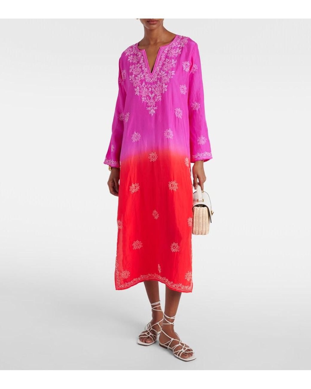 Juliet Dunn Pink Embroidered Ombre Silk Kaftan