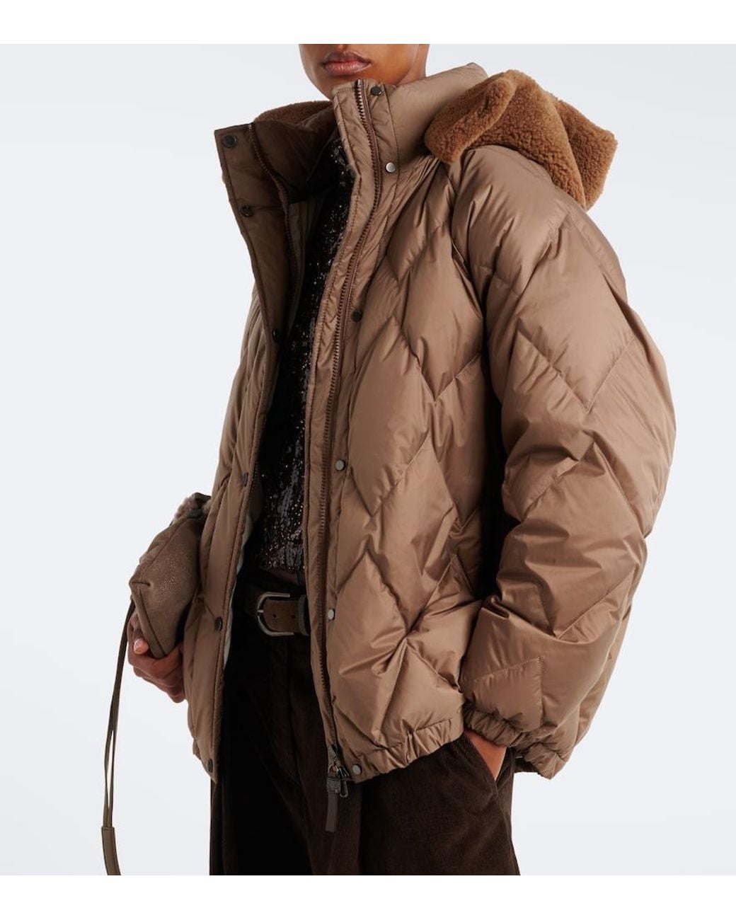 Brunello Cucinelli Brown Shearling-Trimmed Quilted Down Jacket
