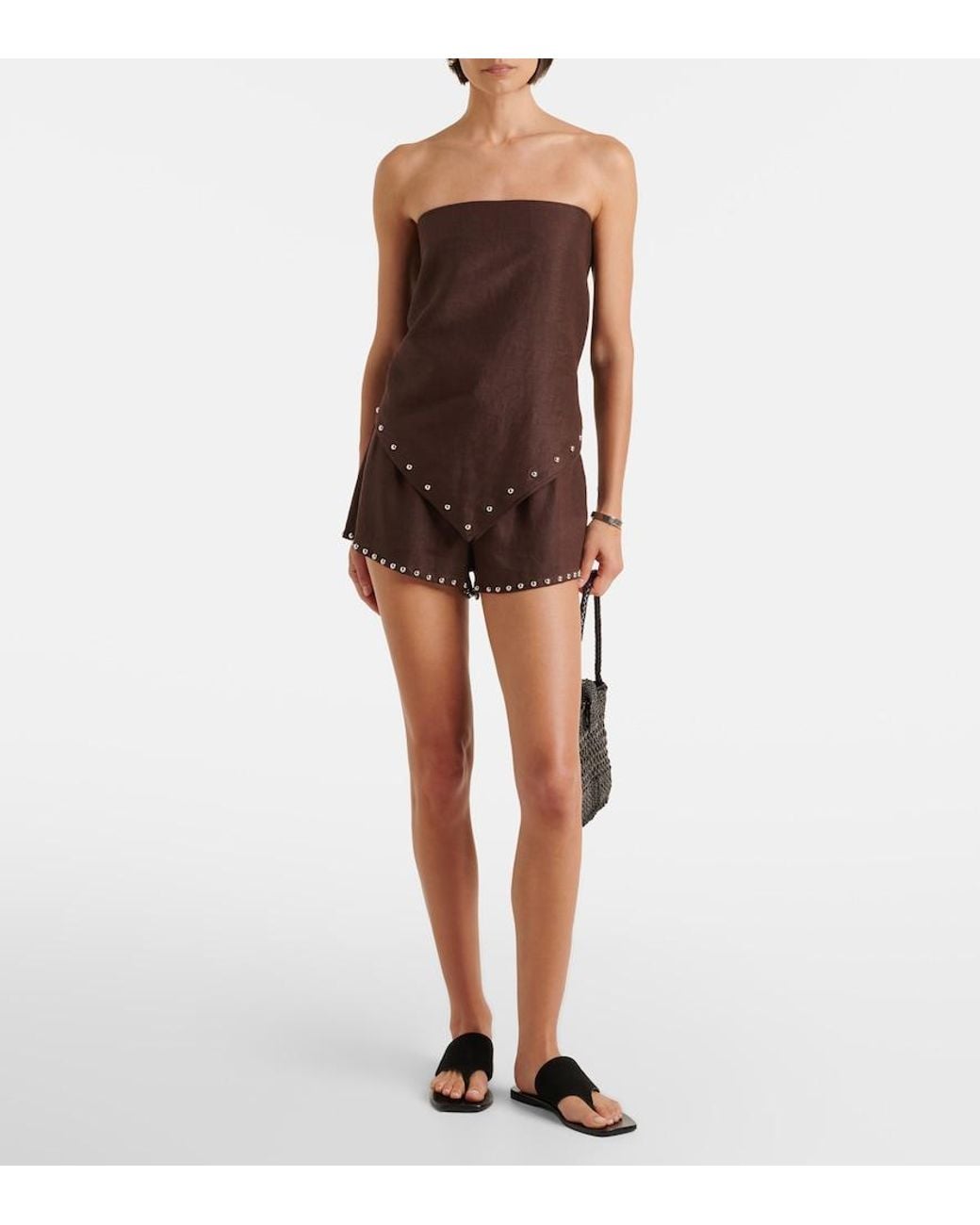 Staud Brown Paddle Studded Linen Shorts