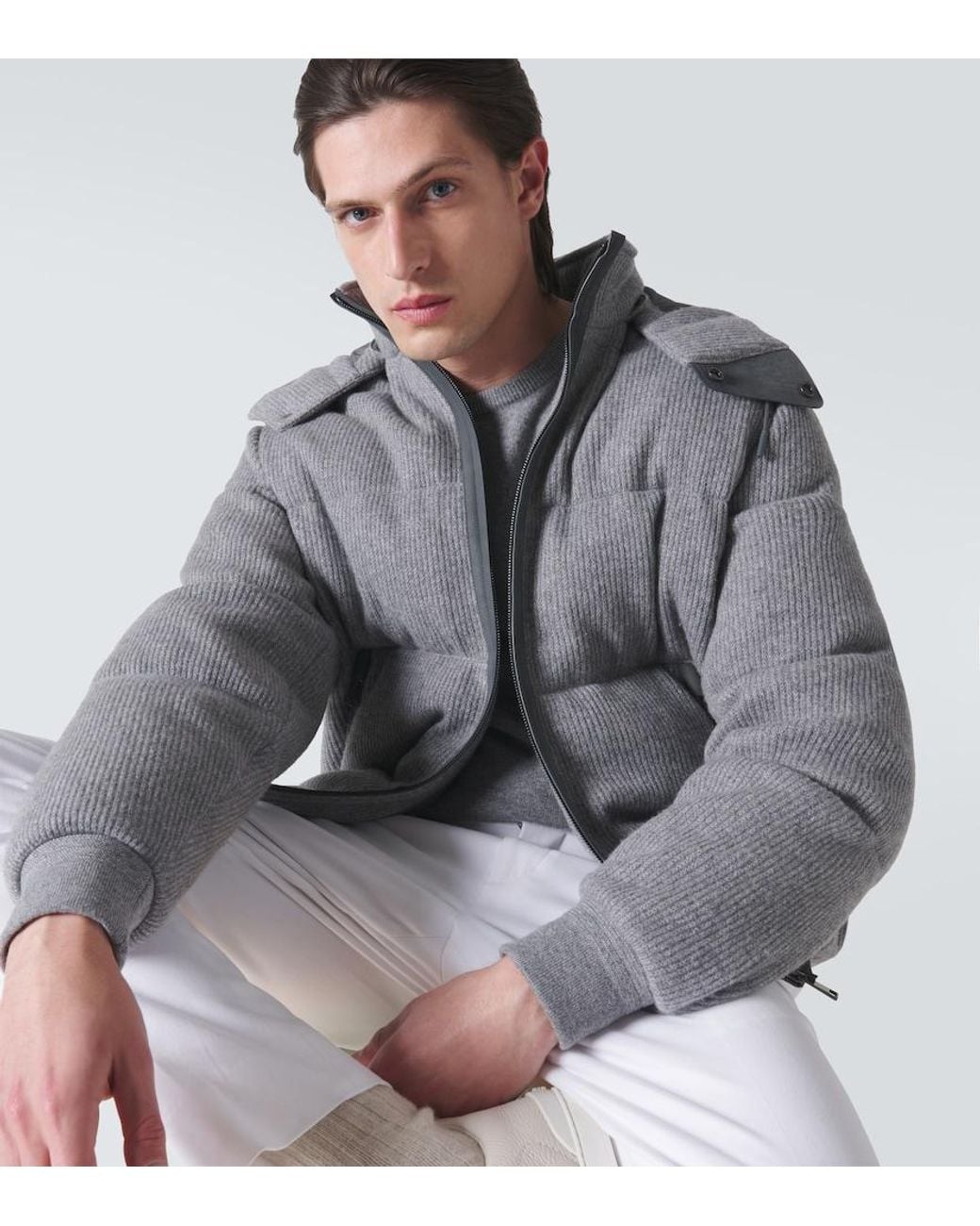 Zegna Gray Ribbed-Knit Cashmere-Blend Down Jacket for men