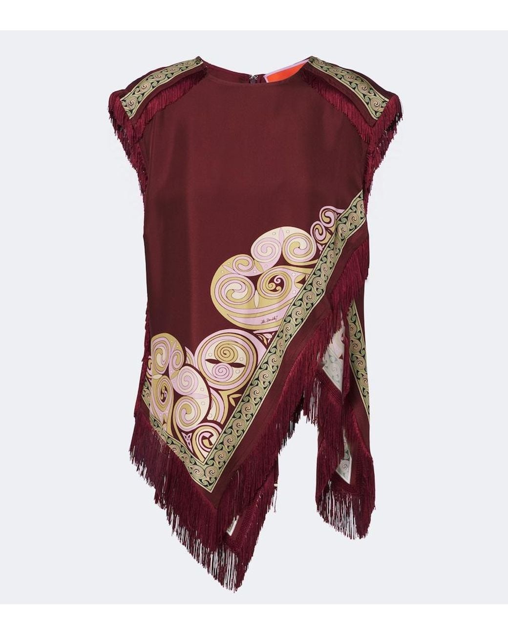 LaDoubleJ Red Fringed Printed Silk Twill Scarf Top