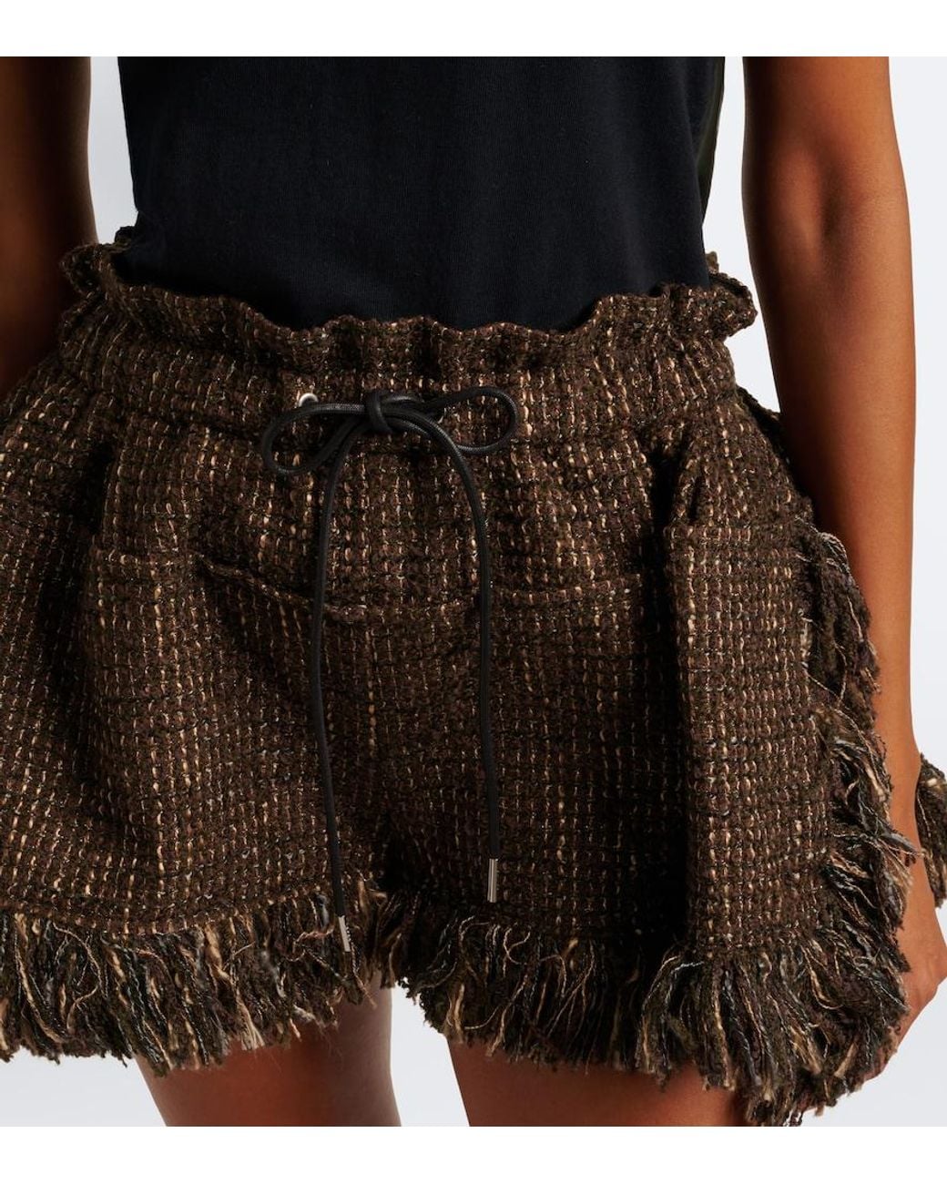 Sacai Brown Fringed Wool-Blend Tweed Shorts