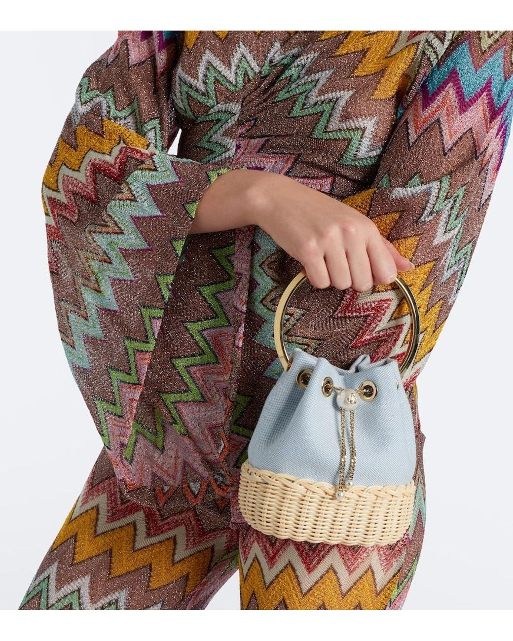 Jimmy Choo Blue Bon Bon Canvas And Wicker Bucket Bag