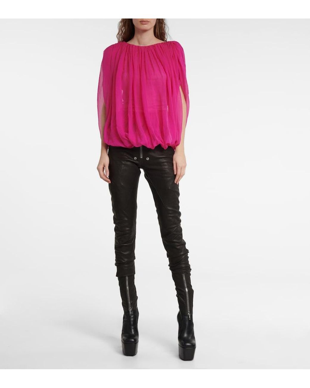 Rick Owens Pink Gathered Silk Chiffon Top
