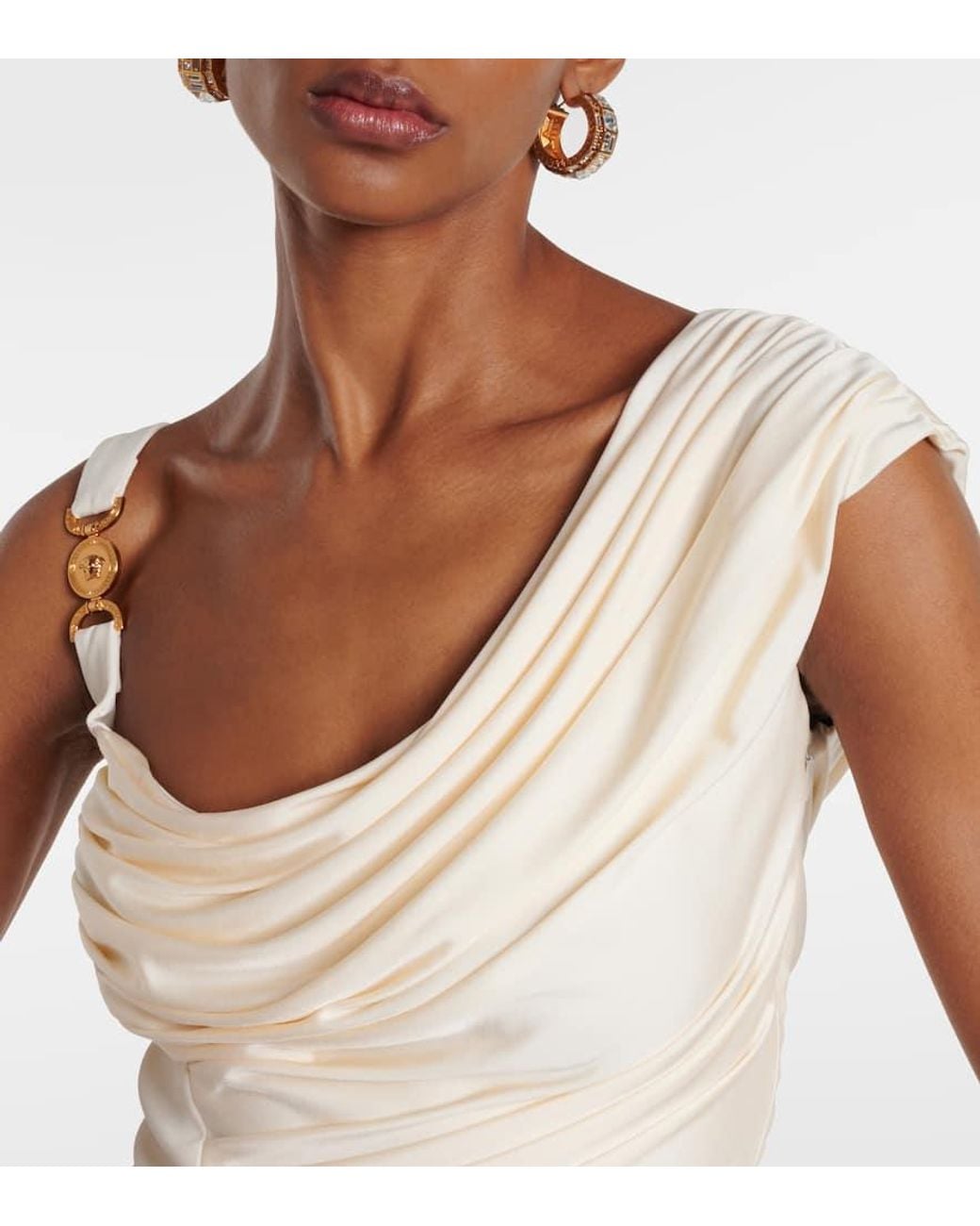 Versace Natural Asymmetric Draped Medusa '95 Dress With Accen