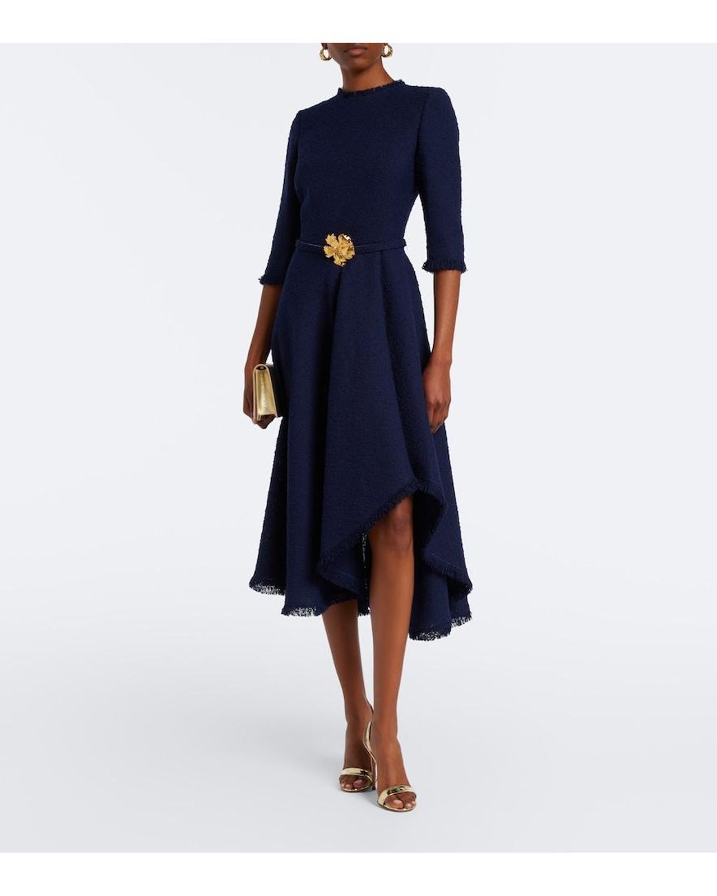 Oscar de la Renta Blue Embellished Tweed Midi Dress
