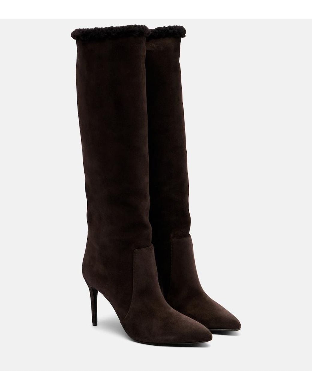 Paris Texas Black Stiletto 85 Shearling-Trimmed Suede Knee-High Boots