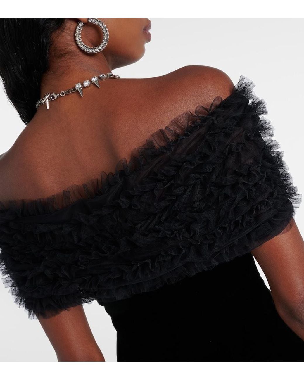 Alessandra Rich Black Off-Shoulder Velvet And Tulle Minidress