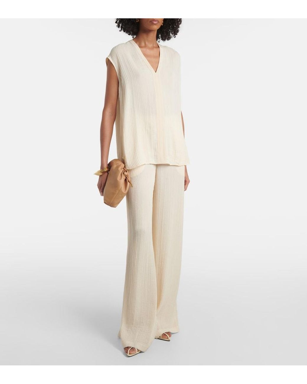 Joseph Natural Mawn Pleated Jacquard Wide-Leg Pants