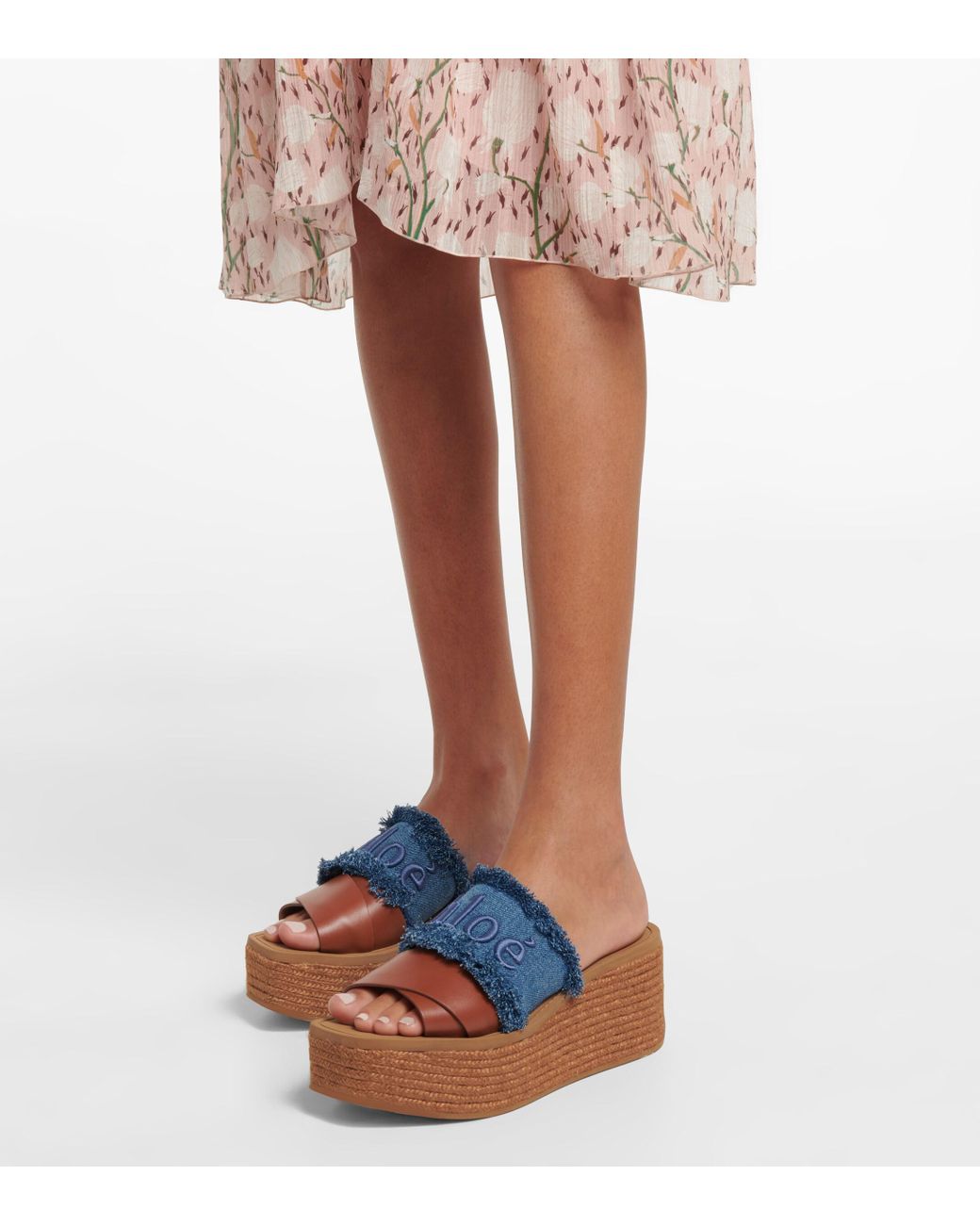 Chloé Woody Denim Platform Espadrille Sandals in Blue | Lyst