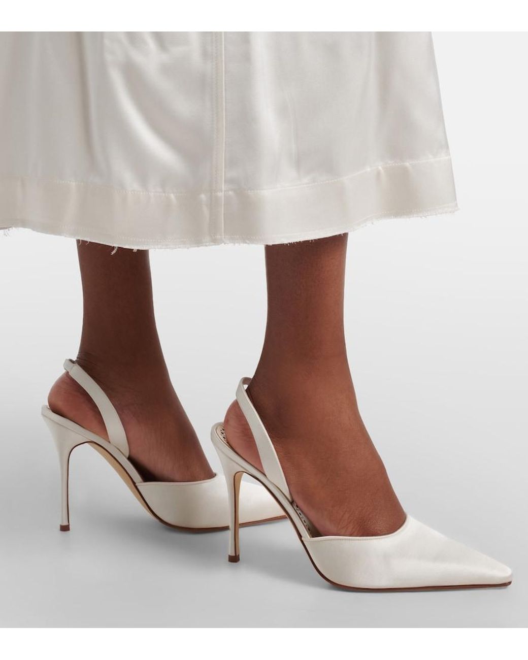 Manolo Blahnik White Borelapla Satin Slingback Pumps