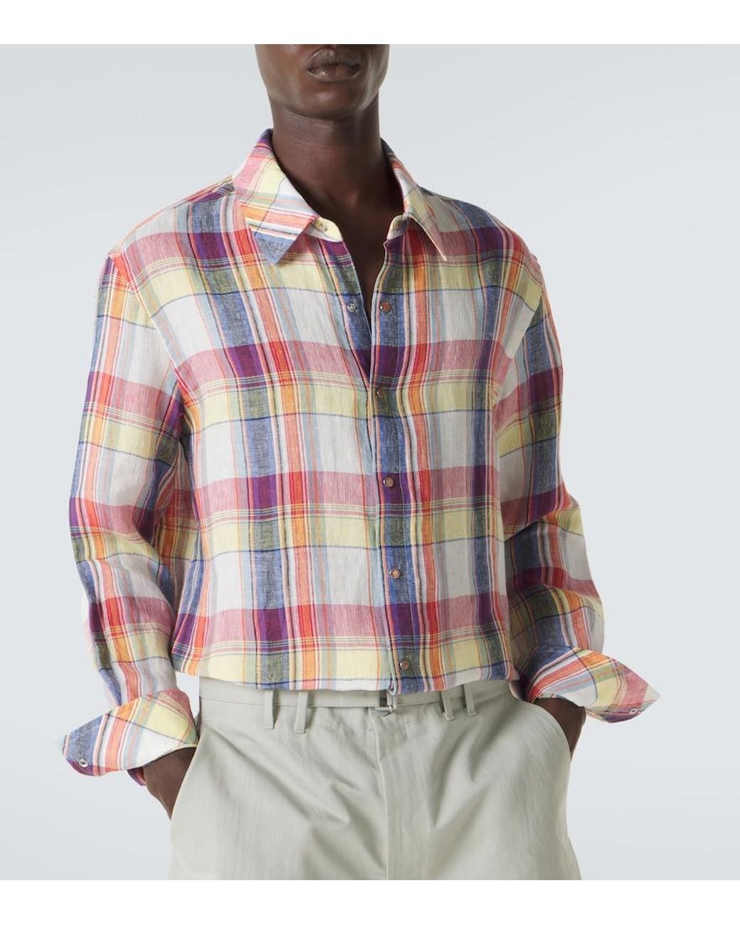 God's True Cashmere Pink Daybreak Plaid Linen Shirt With Sunstone for men