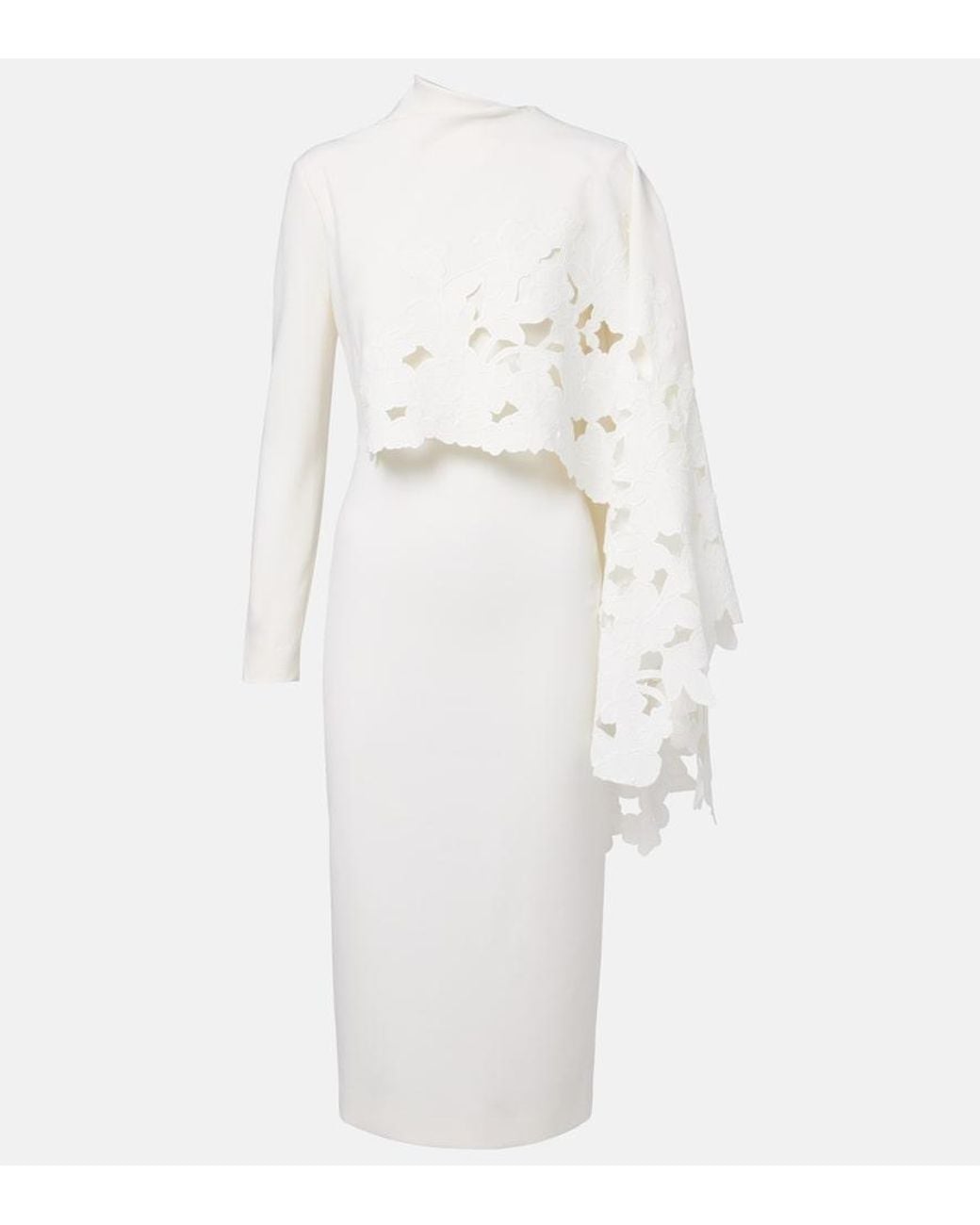 Oscar de la Renta White Cape-Detail Wool-Blend Midi Dress