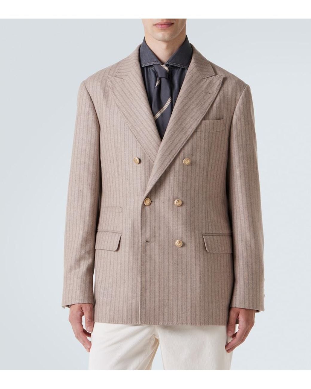 Brunello Cucinelli Brown Striped Cashmere And Silk Blazer for men