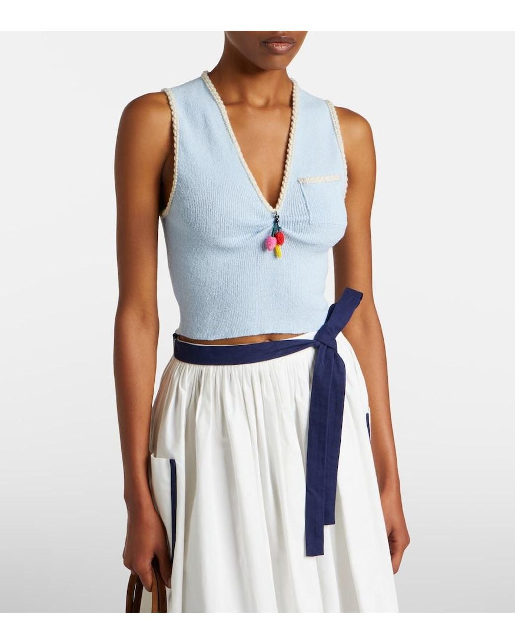 Prada Blue Embellished Cotton-Blend Boucle Crop Top