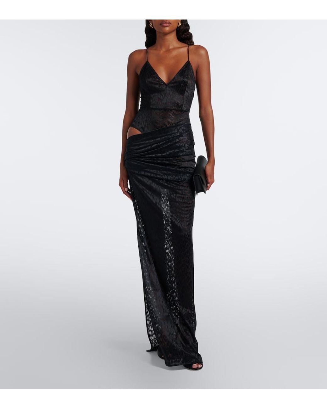 Alex Perry Black Draped Leopard-Print Lace Maxi Dress