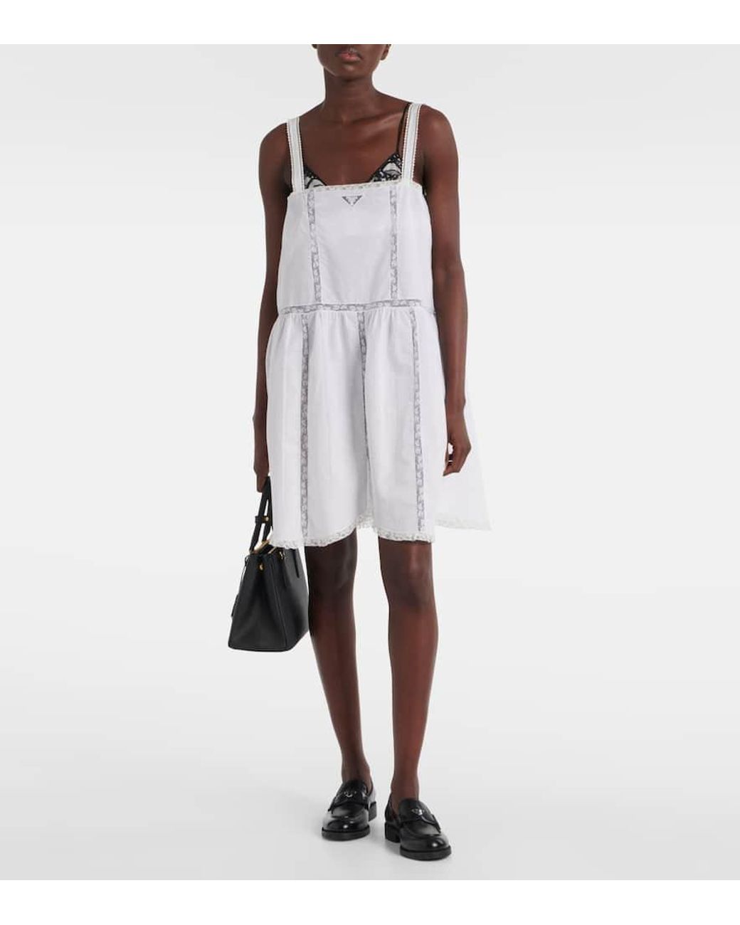 Prada Lace-Trimmed Cotton And Linen Minidress in White | Lyst