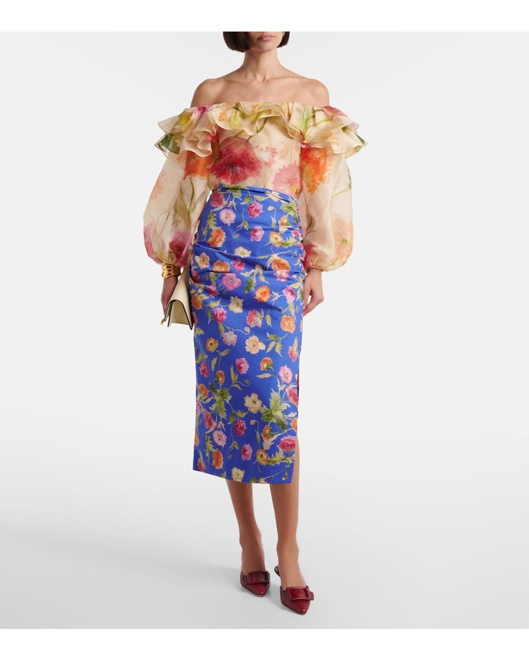 Carolina Herrera Blue Floral Ruched Cotton-Blend Midi Skirt