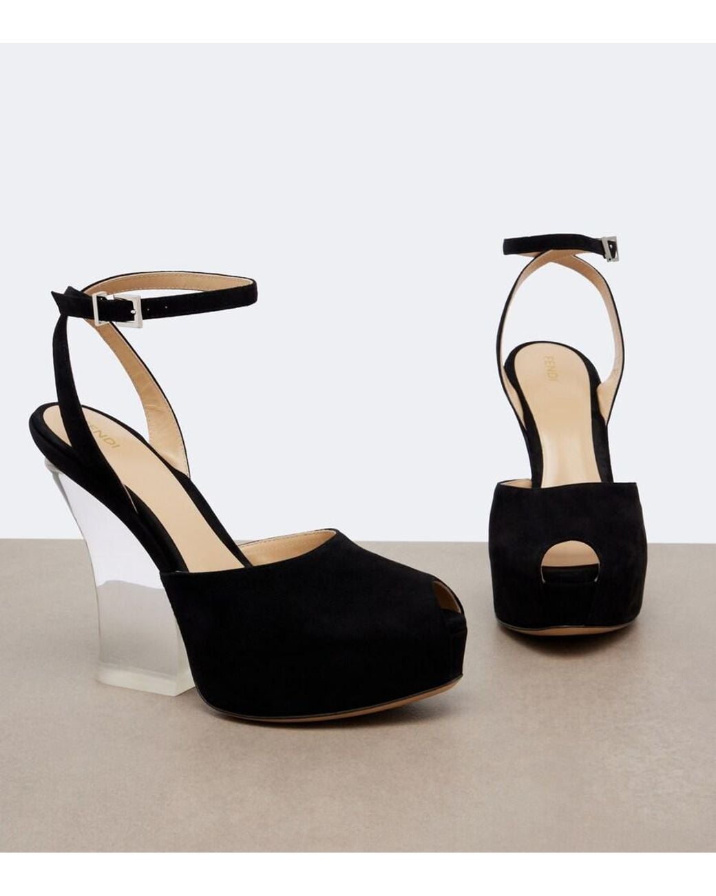 Fendi Black Suede Platform Peep-Toe Pumps