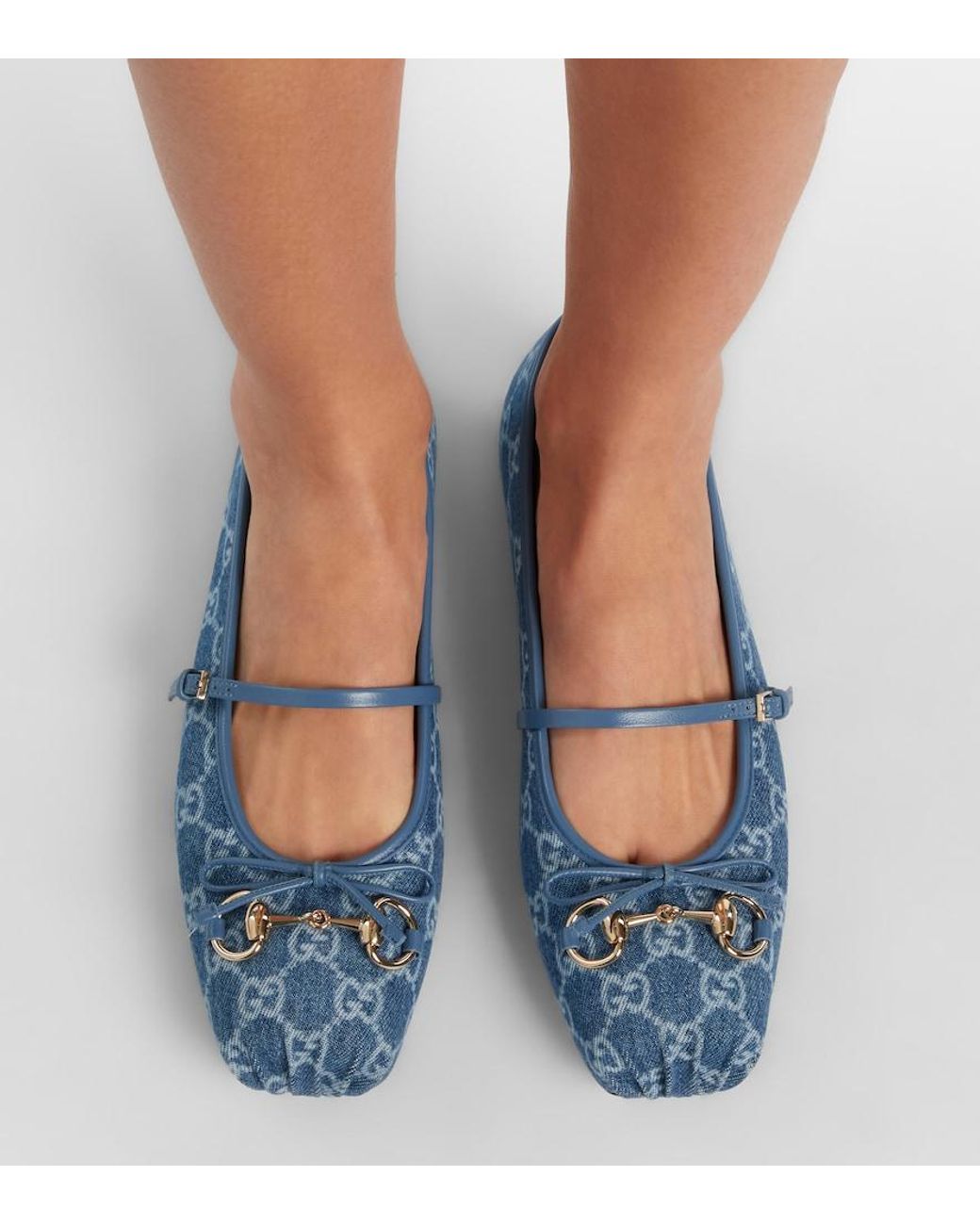 Gucci Blue Horsebit Gg Denim Ballet Flats