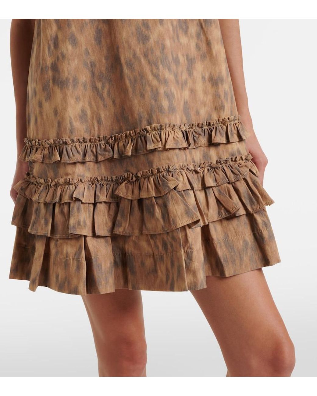 Ganni Brown Ruffled Printed Cotton Minidress