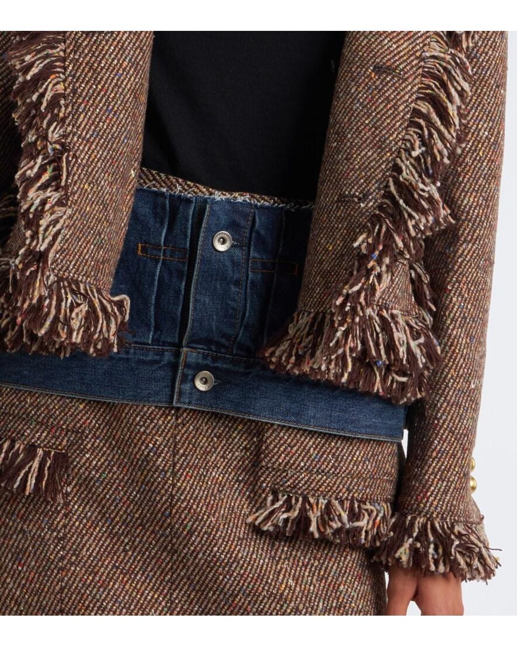 Sacai Brown Fringed Tweed And Denim Jacket