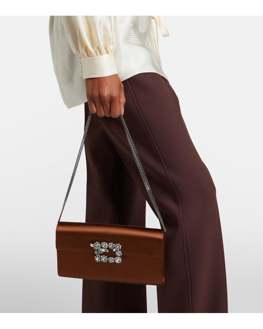 Roger Vivier Brown Efflorescence Embellished Satin Clutch