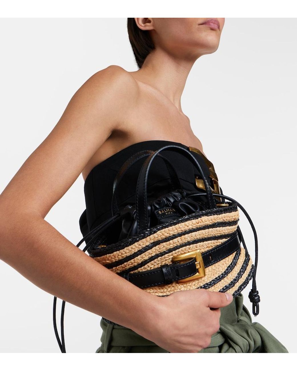 Balmain Black Raffia-Effect Striped Top-Handle Bag