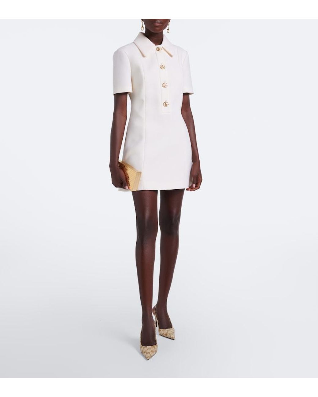Gucci Natural Double G Wool Crepe Polo Dress