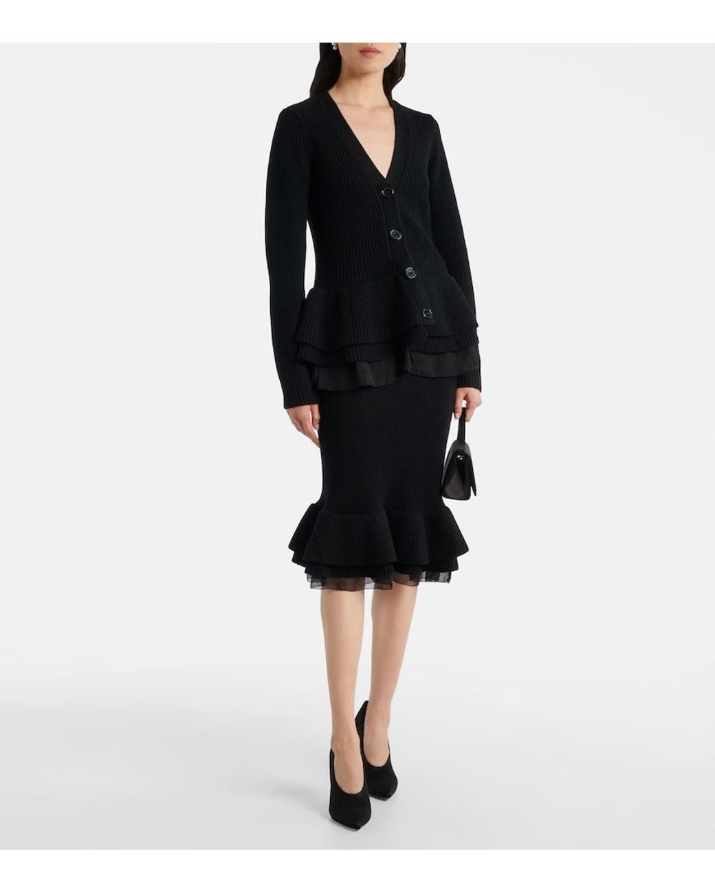 Nina Ricci Black Peplum Wool-Blend Midi Skirt