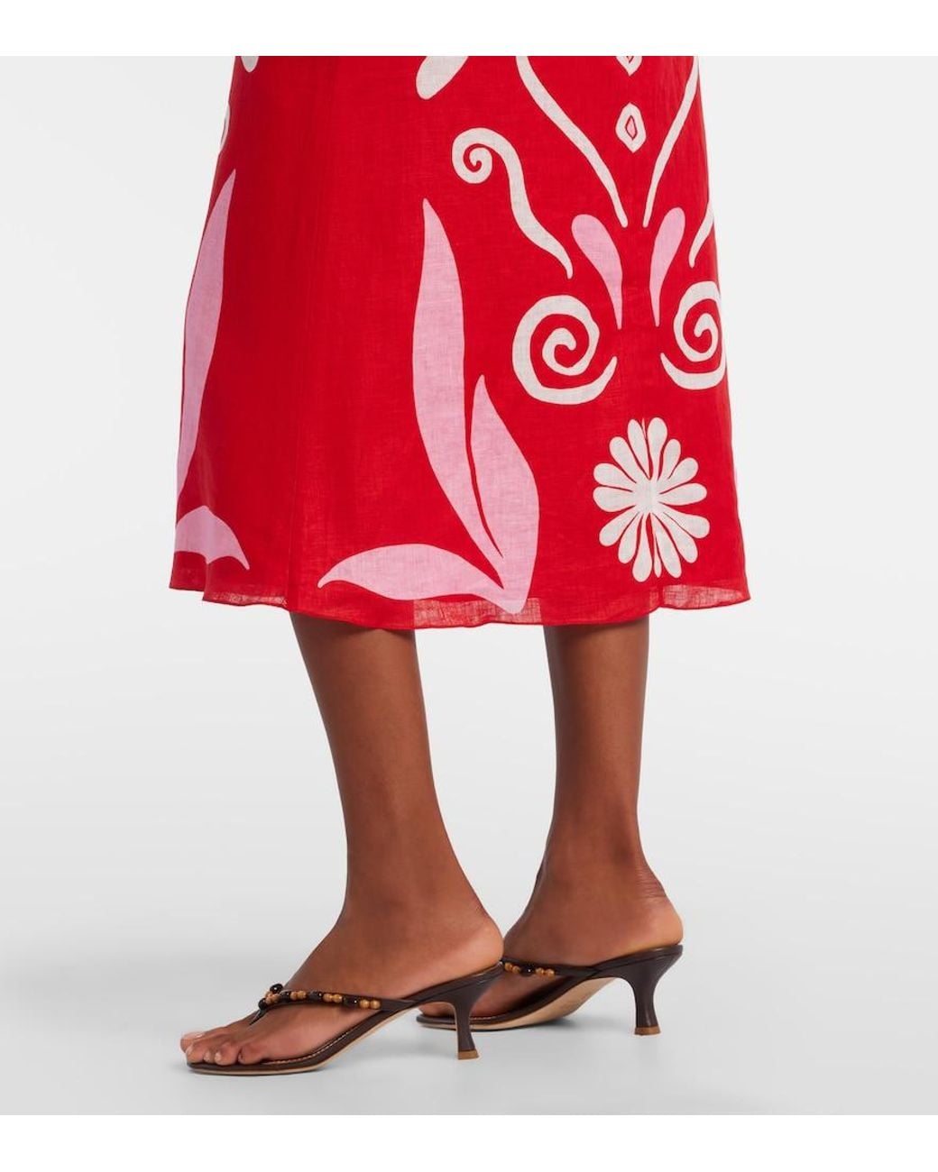Cala De La Cruz Red Fabiana Printed Linen Midi Skirt