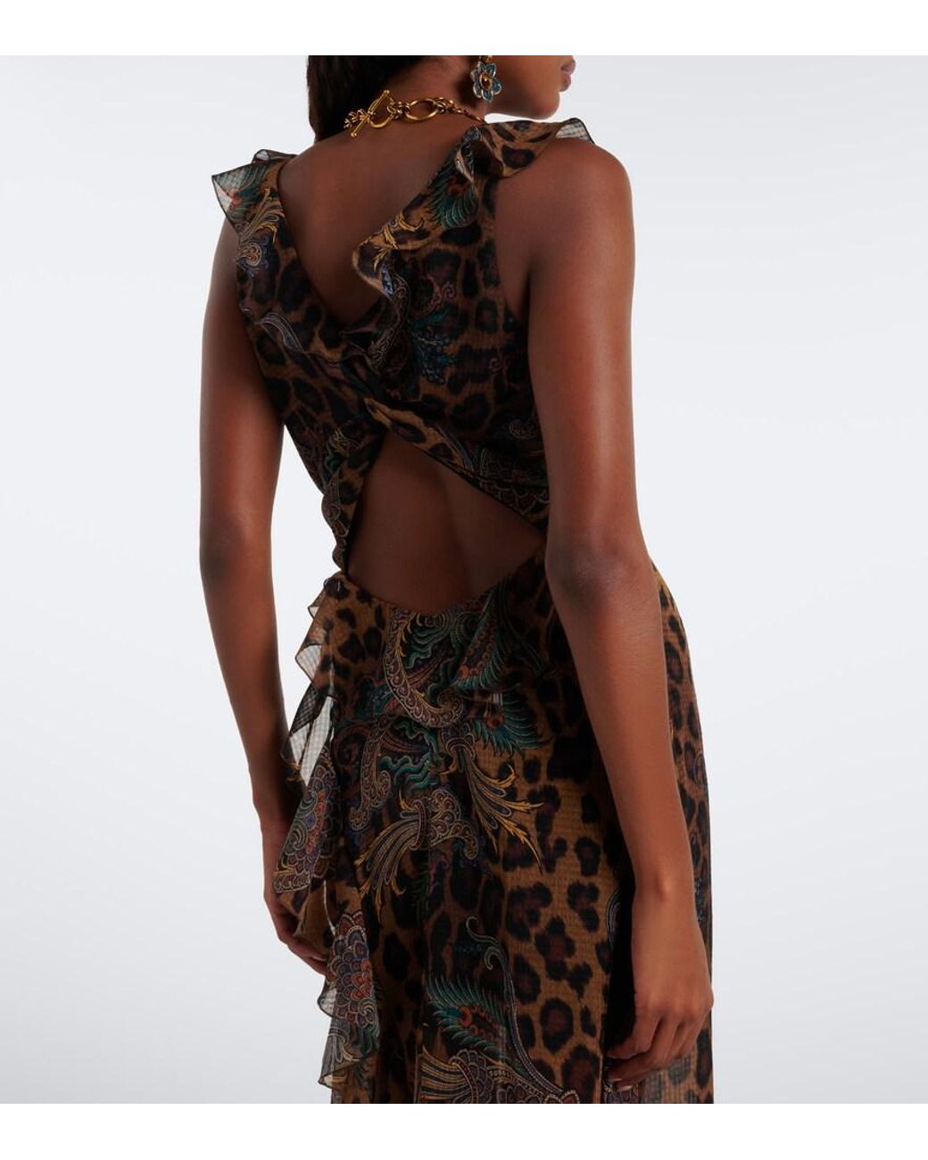 Etro Brown Printed Ruffled Seersucker Gown