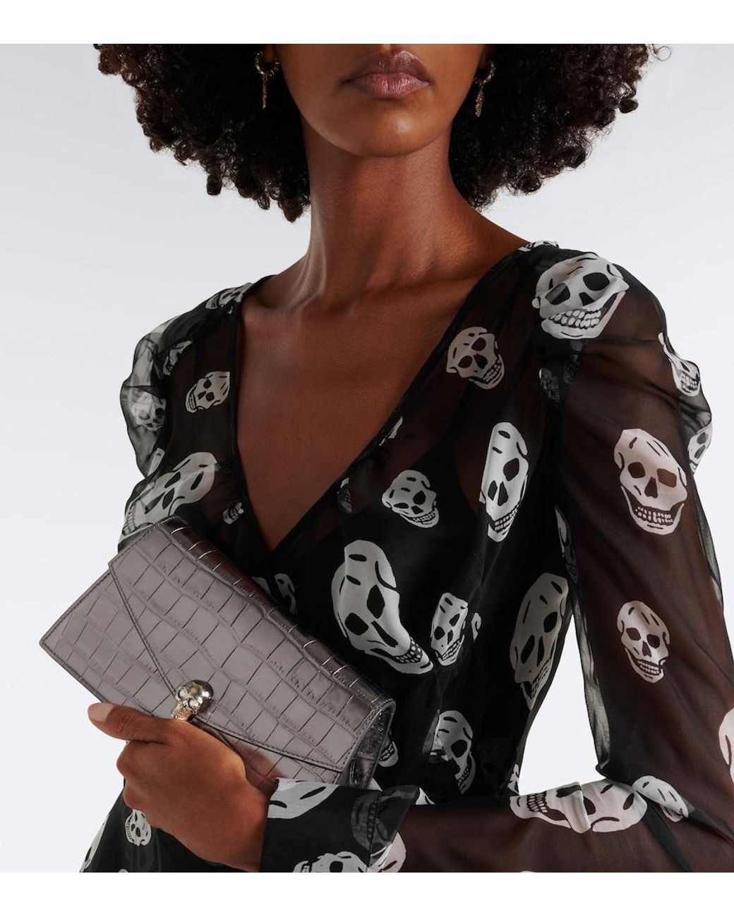 McQueen Gray Skull Mini Croc-Effect Leather Clutch