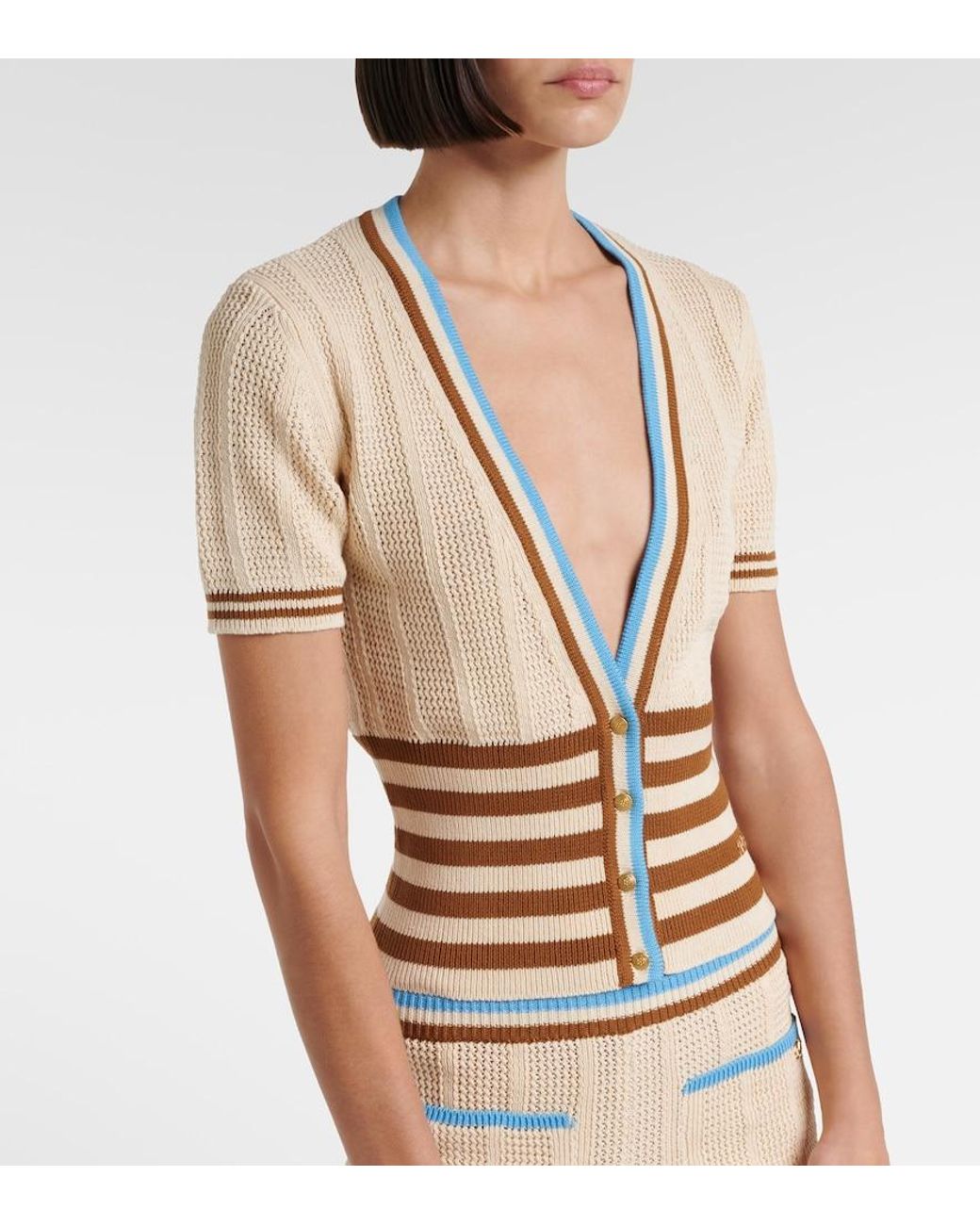 Valentino Garavani Natural Open-Knit Striped Cotton Cardigan