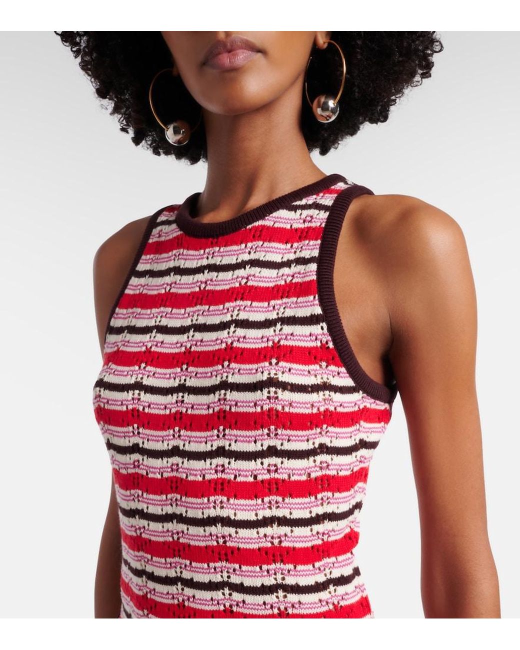 The Attico Red Striped Crochet Cotton Midi Dress